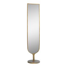 a tall mirror sitting on top of a metal stand