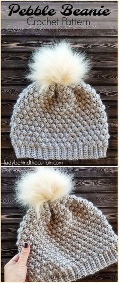 the crochet beanie is made with two different yarns and one white pom