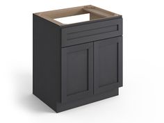 a black cabinet with a wooden top and two doors on the front, is shown