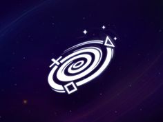 an image of a space station logo on a purple background with stars and circles around it