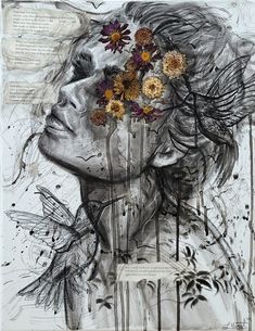 a drawing of a woman with flowers in her hair