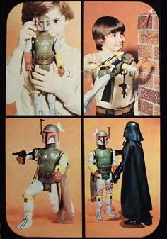 star wars action figures are shown in four different pictures, including the person and child