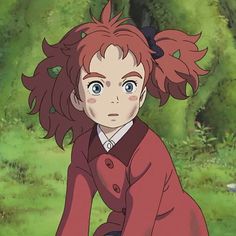 an anime character with red hair and blue eyes sitting on the ground in front of trees