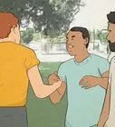 three men are talking to each other in front of a tree and grass covered yard