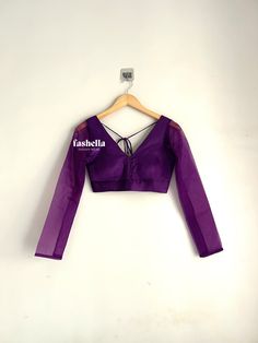 Purple  Blouse (with a pink undertone) made from satin silk and organza fabric. This blouse can be made in ANY COLOR. Please drop us a convo of you need it in a different color.  DETAILS * Front  & Back V-Neck * Full Sleeves * Padded (optional) * Hooks at the back for closure MEAUREMENTS & CUSTOMIZATIONS This blouse can be purchased in your standard sizing and pattern. Please choose your Chest Size (measured in inches) from the drop-down box.  For custom sizing please include the below measureme Purple Full Sleeve Blouse, Cheap Purple Blouse Piece For Diwali, Elegant Festive Sheer Blouse, Sheer Blouse Piece For Wedding, Elegant Sheer Blouse For Party, Sheer Blouse Piece For Party, Purple Silk Formal Blouse, Formal Purple Silk Blouse, Elegant Pink Organza Blouse