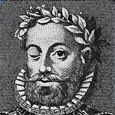 an old engraved portrait of a man with a beard and laurels on his head