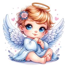 an angel sitting on the ground with blue eyes