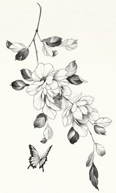 a black and white drawing of flowers with a butterfly flying by it's side