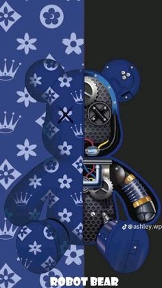 a blue teddy bear with a crown on it's head and the words robot bear