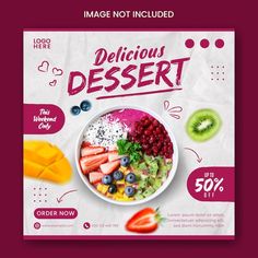 a flyer for a dessert shop with fruits and berries in the bowl, on top of a