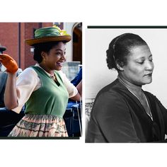 two women in hats and dresses, one with an orange glove on her left hand