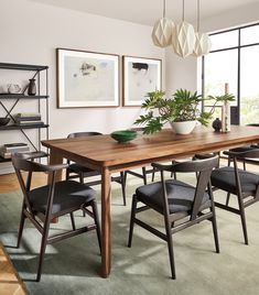 a dining room table with chairs and plants