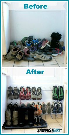 before and after photos of shoes on the floor in front of a white wall with blue border