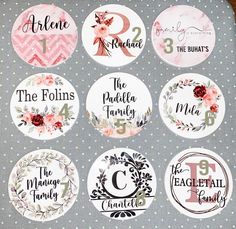 the family name stickers are arranged on top of a polka dot tablecloth with pink flowers