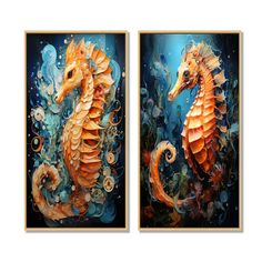 two paintings of seahorses in orange and blue