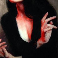 a painting of a woman with her hands on her chest, wearing a black jacket