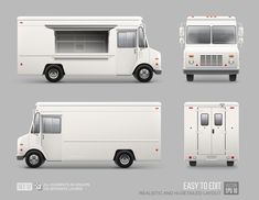 four different white food trucks side view, front and back views with shadows on gray background