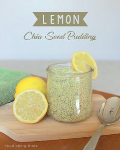 lemon chia seed pudding in a glass jar with spoon and towel on the side