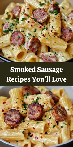 two pictures with different types of food in them and the words smoked sausage recipes you'll love