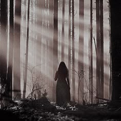 a woman standing in the middle of a forest with sunbeams shining down on her