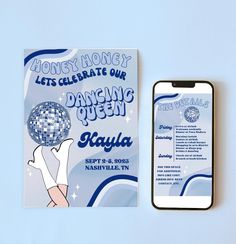 a cell phone next to a flyer for a dance event on a light blue background