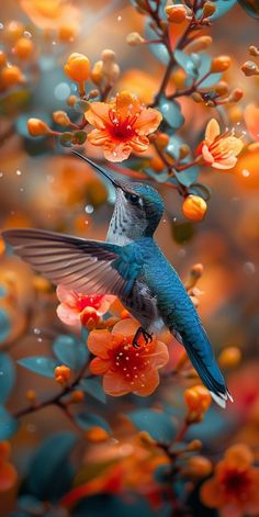 a blue bird sitting on top of a tree filled with orange flowers