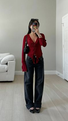 Red Outfit Aesthetic Black Women, Black Tights Summer Outfit, All Red Outfit Aesthetic, Red Ruffle Top Outfit, Red Collar Shirt Outfit, Dress On Jeans Outfit, How To Style Red Jeans, Comfortable Elegant Outfits, Male Gaze Outfits For Women