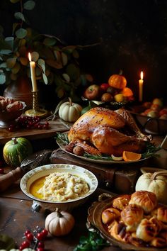 a table topped with turkey, mashed potatoes and cranberries next to candles