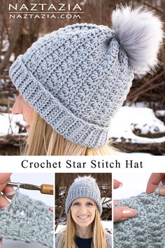 the crochet star stitch hat is shown in three different pictures and has a white pom - pom