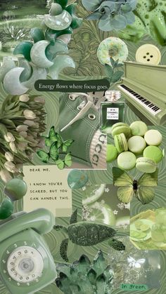 a collage of green and white items