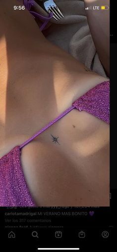 Divine Hand Tattoo, Hip Sparkle Tattoo, Tiny Sternum Tattoo Women, Low Hip Tattoo, Tiny Sternum Tattoo, Women Chest Tattoo Classy, Grounded Tattoo, Star Sternum Tattoo, Dainty Sternum Tattoo Women