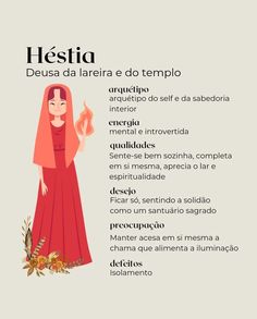 a woman in a red dress with flowers on her head and the words hestia written