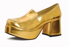 Gold Platform 70s Party Pimp Daddy Disco Dancer Mens Costume Shoes size 9 10 11 Halloween Costume Shoes, Disco Dancer, Disco Shoes, Black Patent Leather Loafers, Gold Platforms, Prom Dress Shoes, Ellie Shoes, Gogo Dancer, Custom Made Shoes