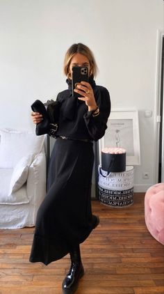 All Black Business Dress, Black On Black Outfits Work, All Black Outfit Styling, Hipster Date Night Outfit, Black Rollneck Outfits, Midi Dress Fall Outfit Boots, Womens Winter Shoes 2022, Reformation Work Outfit, Beautiful Casual Dresses Simple