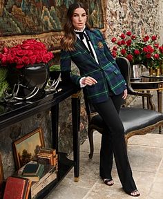 Structured Blazer, Velvet Tie, Ralph Lauren Plaid, Ralph Lauren Blazer, Feminine Details, Ralph Lauren Style, Ralph Lauren Women, Lauren Green, Plaid Blazer