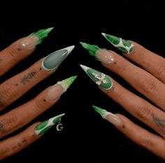 Green Nails Designs, Bluesky Nails, Long Stiletto Nails, Virgo Season, Long Acrylic Nail Designs, Green Nail Designs, Nails Green, Green Nail, Stiletto Nails Designs