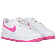 White and pink Air force 1 for girls by Nike. They have a synthetic leather upper for durable comfort and perforations for ventilation. They feature the brands pink Swoosh on the side panels. Additional branding includes the "Air" logo embroidered on the heel and the Nike Air logo on the tongue.  #whitepinkairforce1 #nikeforgirls #nikeswooshshoes #comfortablesneakers Pink Air Force 1, Nike Air Logo, Air Logo, Nike Kids, Comfortable Sneakers, Side Panels