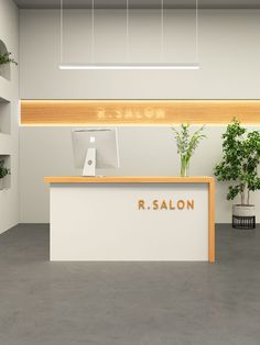 the reception desk is clean and ready to be used for business purposes, as well as plants