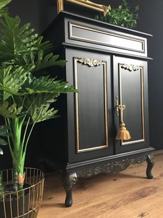 a potted plant sitting next to a black cabinet