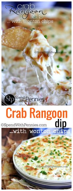 crab rangoon dip with women's club logo in the background and text overlay