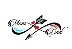 an arrow and heart with the words'mom dad'written in black ink on a white background