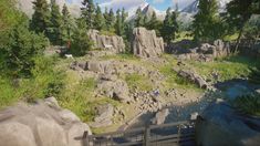 a screenshot of an area with rocks, trees and people in the distance looking at them