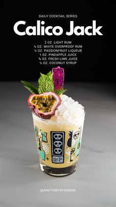 a cocktail in a glass with ice and garnish on the rim is featured for calico jack