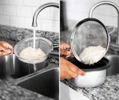 two pictures side by side showing how to make rice in a colander