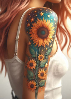 a woman's arm with sunflowers and stars painted on the upper half