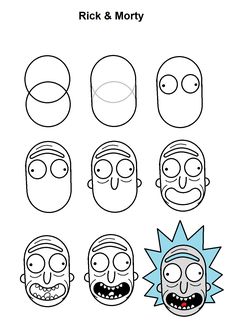 cartoon faces with different facial expressions to be colored and outlined in the style of rick, rick