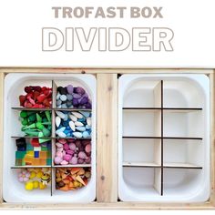 two trays filled with different colored crayons and the words trofast box divider