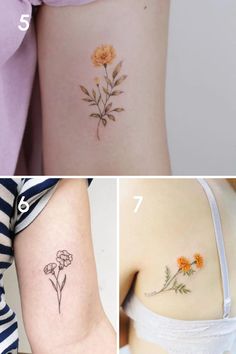 four different tattoos with flowers on them