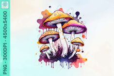 colorful mushrooms with watercolor splashs on them