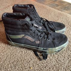 Black/Camo Vans Sk8-Hibasically Brand New. My Son Only Wore A Couple Times, And Didn’t Like The High Tops. Camo Vans, Shoes Vans, Vans Sk8 Hi, Vans Black, Black Camo, Sk8 Hi, Vans Sk8, Couple Time, The High